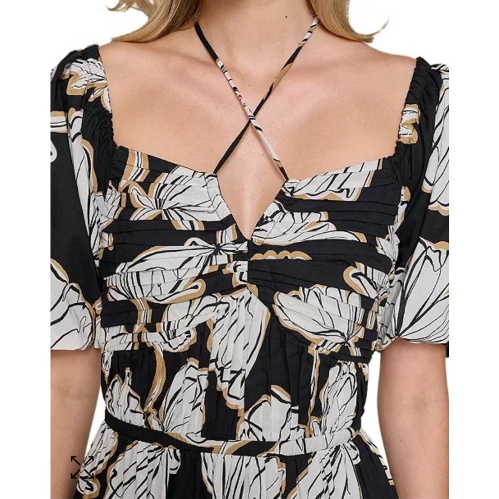 Karl Lagerfeld Floral Tie Neck‎ Maxi Dress Puff Sleeves Logo Inserts Multi Size